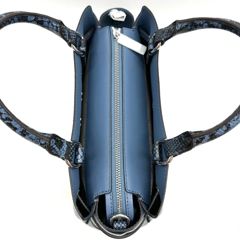 Michael Kors Large Reed Leather Belted Satchel Crossbody Bag Blue Snakeskin